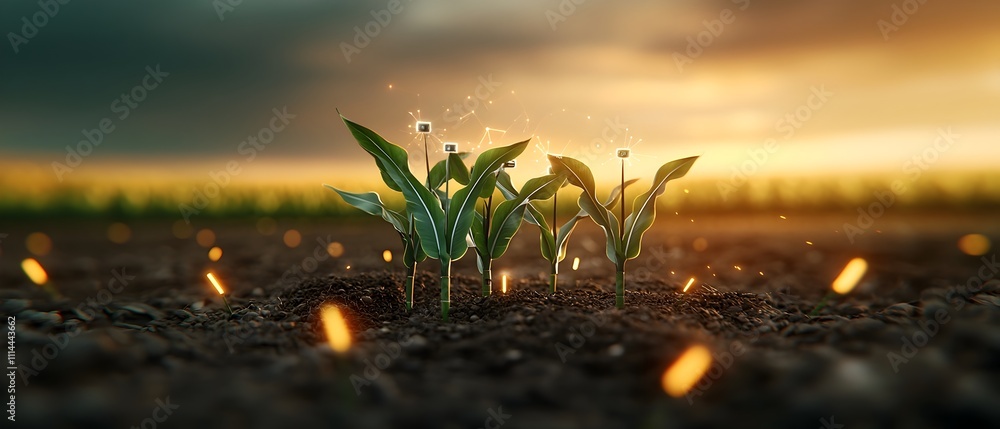 Poster precision agriculture infographics interwoven with an of thriving corn seedlings in a smart farming 