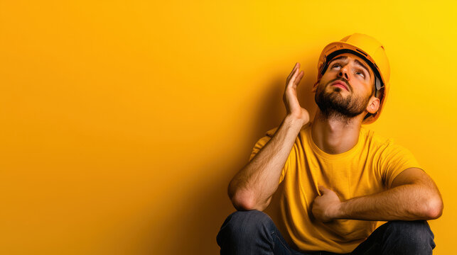 Frustrated construction worker in yellow hard hat looking up