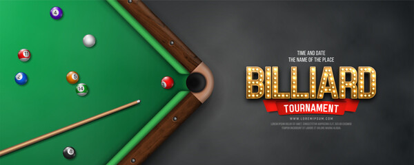 Billiard tournament banner with table, balls and cue. Poster for sports championship. Vector illustration.