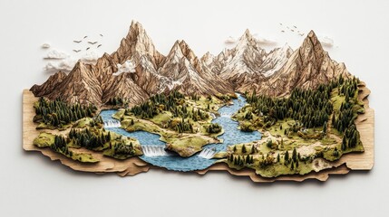 Creative depiction of a map coming to life with rivers flowing and mountains rising