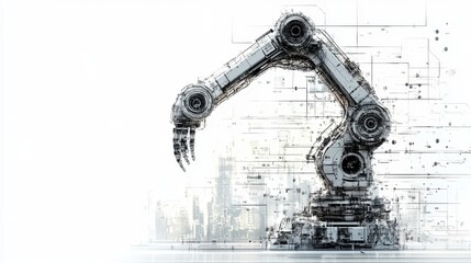 Futuristic Robot Arm in Abstract Cityscape Design