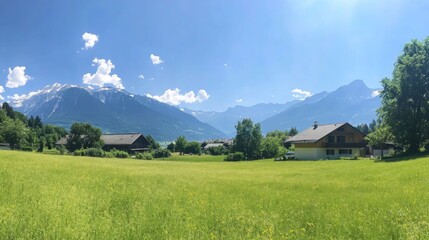 Panoramic view of idyllic mountain village with green meadow, houses, and snow-capped peaks under a clear blue sky.