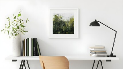 A white frame hanging on the wall, viewed past a stack of books on the desk, with a chair and a lamp adding balance