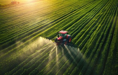 Aerial View of Tractor Spraying Crops