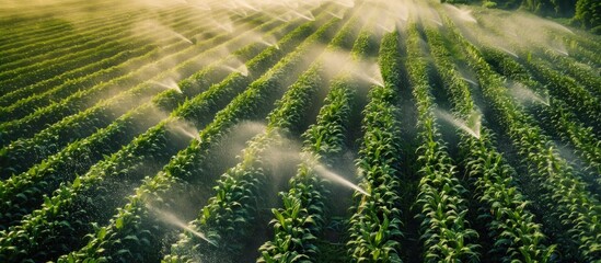A Field of Green Sprouts Being Sprinkled by Irrigation