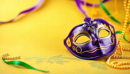 Elegant purple masquerade mask with decorative details on yellow background, festive accessories