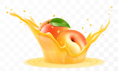 Apricot juice. Fresh ripe apricot falls into a splash of juice, isolated on transparent background. Realistic 3d vector illustration. Summer vitamin food and drink. Apricot smoothie splash