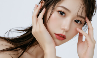 Fototapeta premium woman with natural skin and long hair poses gracefully, showcasing her beauty with serene expression. close up highlights her smooth complexion and delicate features