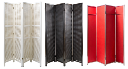 Set of different wooden folding screens on transparent background. Fencing concept for changing clothes.