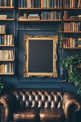 A vintage-style library with a gold ornate frame on a deep navy wall, surrounded by shelves filled with books and a tufted leather sofa.