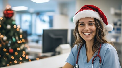 Cheerful female doctor, nurse wearing Santa hat