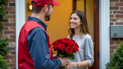 A delivery man hands a bouquet of red roses to a young, happy woman on her doorstep.
