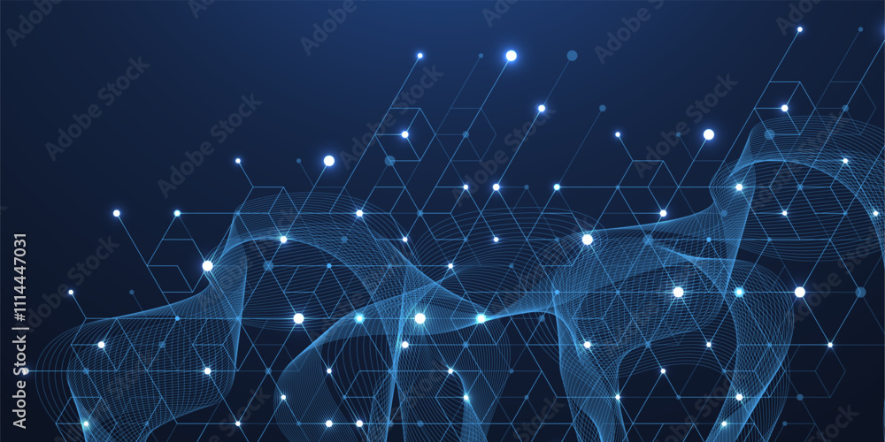 Aufkleber Technology abstract background lines, dots and hexagons. Hexagonal digital concept for poster, banner, header, footer, presentation template.