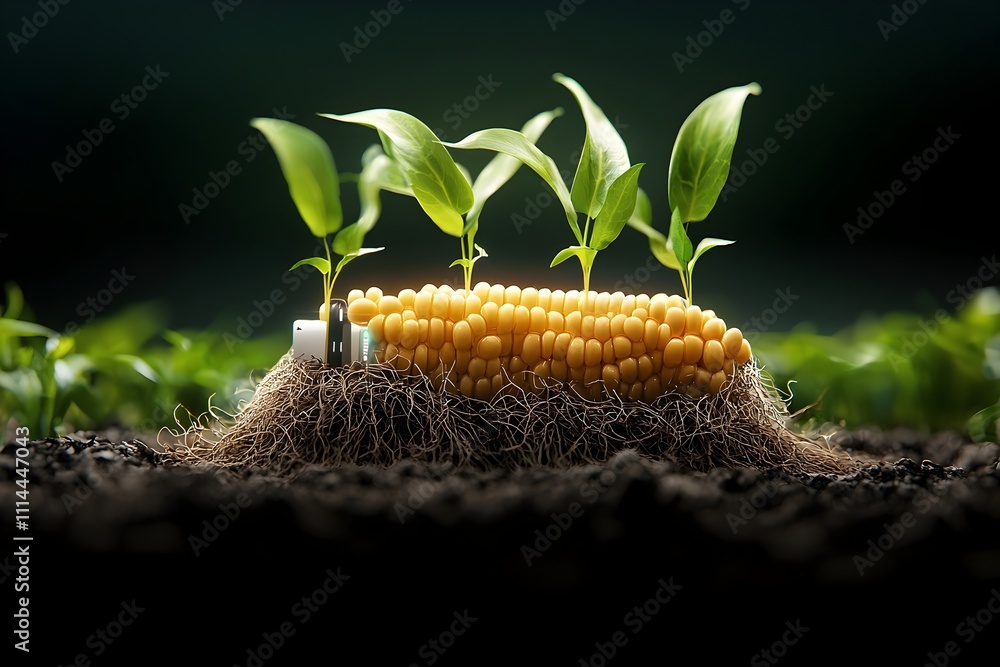Poster digitally painted corn seedling lifecycle visualized with intricate foliage robust root network and 