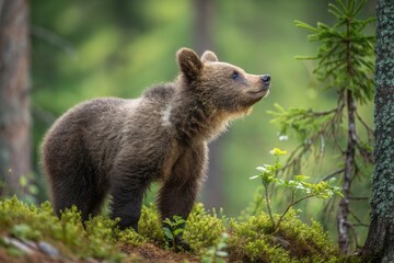 Obraz premium A young brown bear curiously examines the surrounding greenery in a forest.