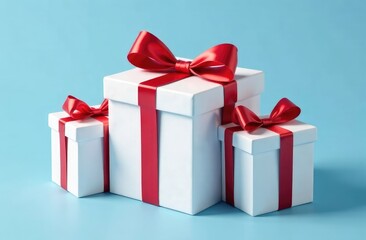 Fototapeta premium white gift boxes with red satin ribbon on blue background