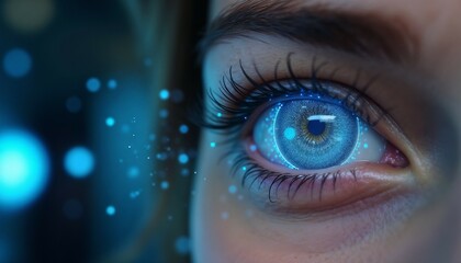 Fototapeta premium Close-Up of Blue Eye with Futuristic Glowing Elements.The Gateway of Vision and Technology. A glowing biometric eye, symbolizing the convergence of humanity and technology in the quest for identity