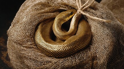 Fototapeta premium A coiled golden snake nestled inside a burlap sack, showcasing its smooth scales and intricate patterns against a dark background.