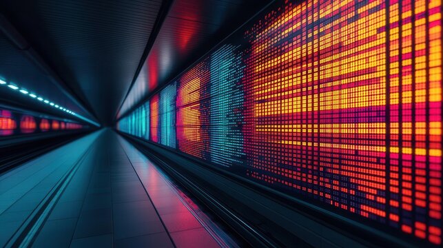 Hyperloop station platform glowing with digital displays, symbolizing the future of transportation hubs