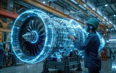Engineer Inspecting an Aircraft Engine with Augmented Reality