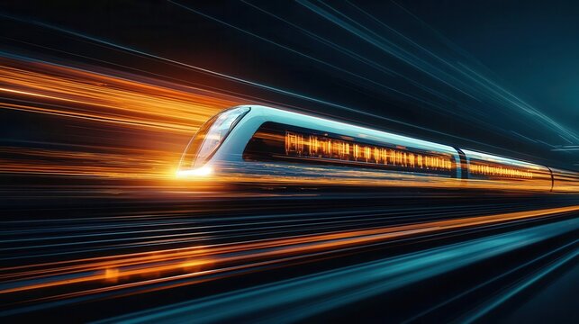 Hyperloop pod in motion with glowing tracks, representing the future of sustainable and fast travel