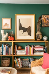 A vibrant eclectic interior with a green wall and a gold frame displayed above a bookshelf filled with books, art pieces, and quirky accessories.