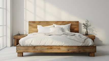 Rustic Wooden Bed in Scandinavian Loft Bedroom with White Wall Background