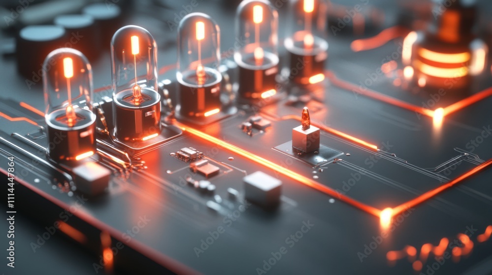 Poster circuit board illuminated by glowing components showcases intricate electronic design and technology