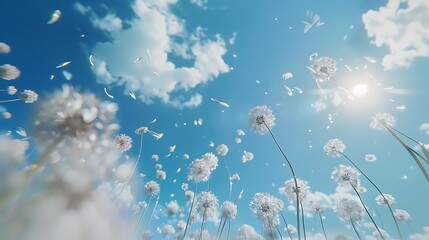 Dandelion seeds flying in the blue sky with clouds and sun