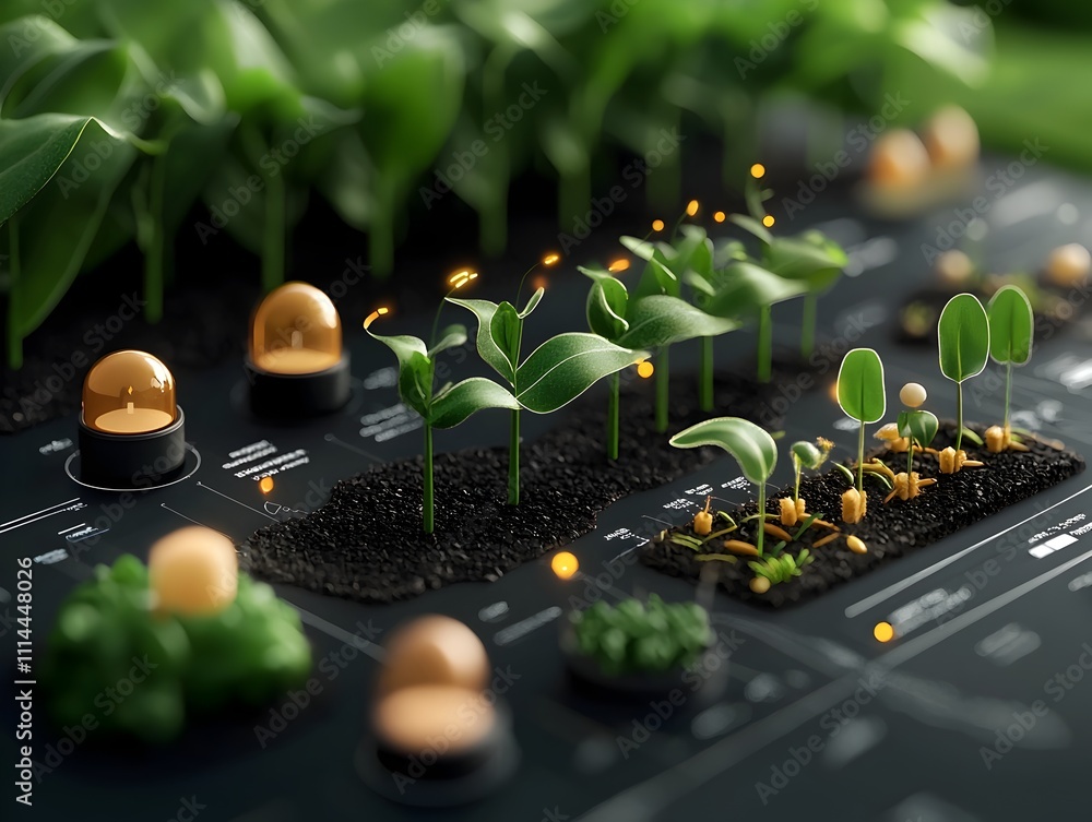 Poster precision farming data visualization a futuristic scene of detailed seedling growth data metrics and