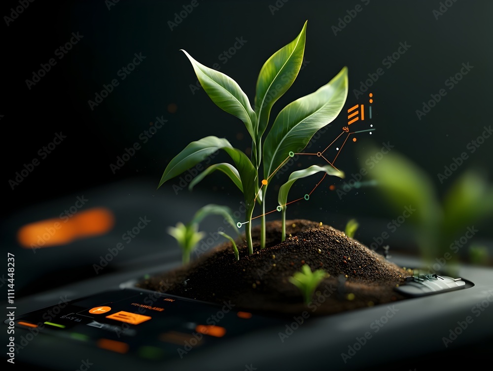 Poster flourishing corn sprouts intertwined with interactive data displays highlighting the optimization of