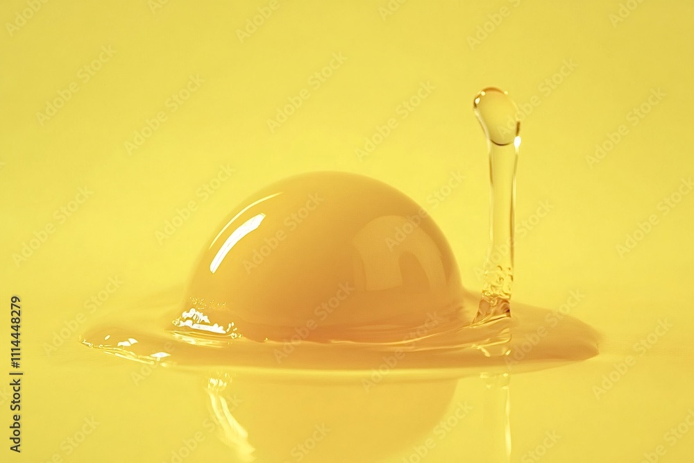 Poster yellow, viscous liquid forming a dome shape with a splash of the same liquid rising from the surface