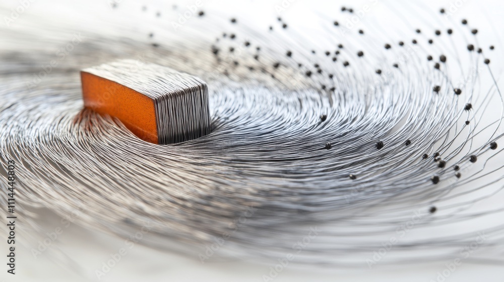 Aufkleber magnet interacts with iron filings showcasing magnetic field lines and patterns in a close-up view