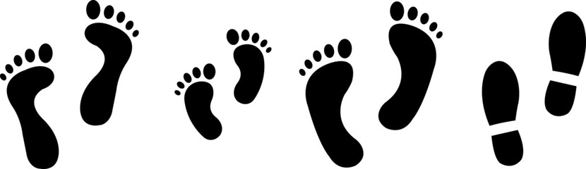 Set of human footprints icons. Family feet prints. Father mother and child steps. Man woman and baby walk symbol.