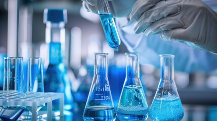 A Close-Up of a Scientist Pouring Blue Liquid Into A Flask