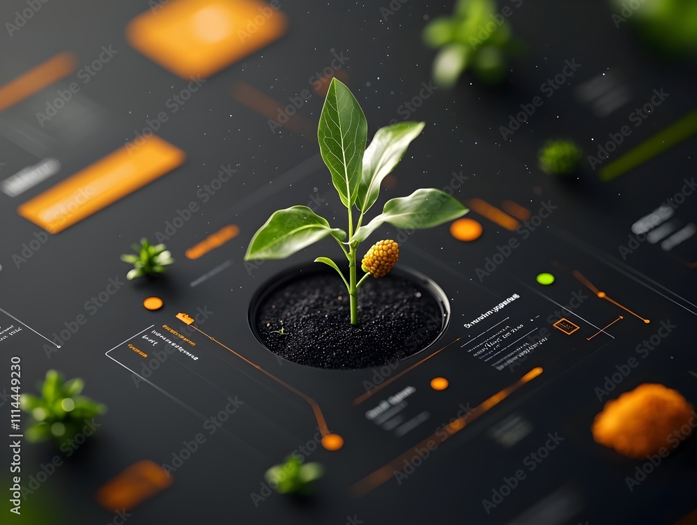 Aufkleber closeup view of a thriving corn seedling surrounded by interactive data visualizations showcasing th