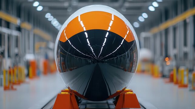Closeup of a Hyperloop capsule in a testing facility, showcasing technological advancements in transportation