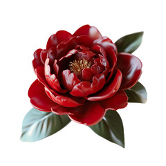 3D rendering of a red flower with detailed petals and green leaves