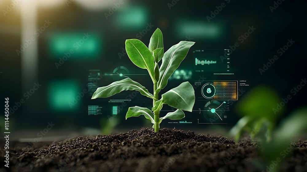 Poster lush verdant corn seedlings flourishing against a backdrop of data visualizations symbolizing the in