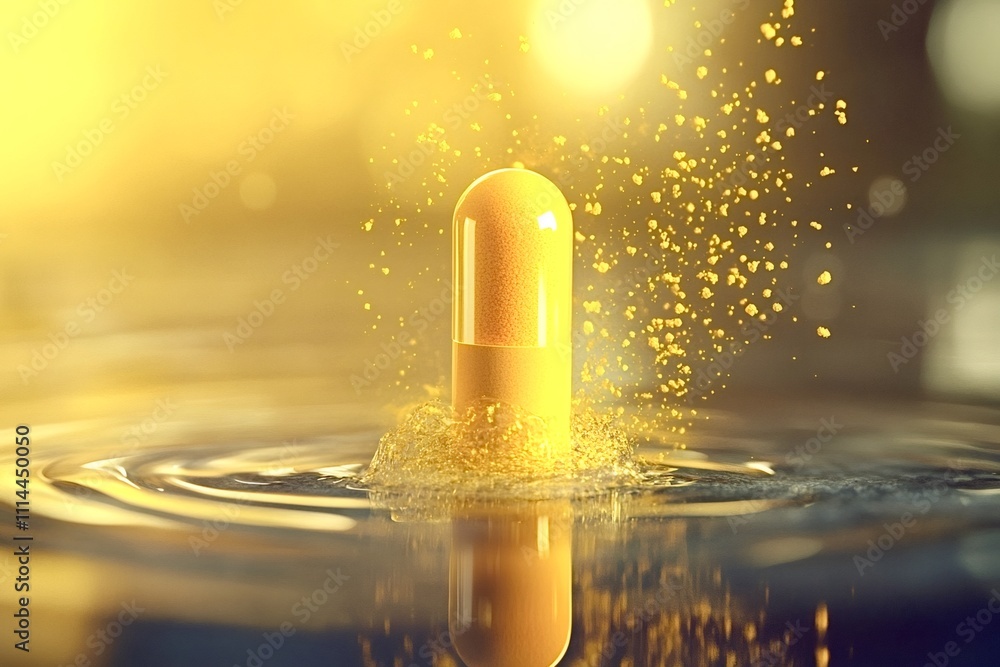 Poster golden vitamin pill dissolving in water creating ripples, splashes and exploding particles, represen