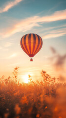 Obraz premium Sunrise Hot Air Balloon Adventure: Orange and Brown Striped Balloon Soaring Over Golden Field