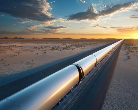 Hyperloop test track in a desert landscape, representing the technological evolution of transportation systems
