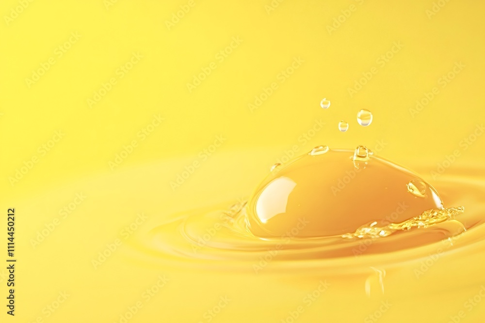 Poster concentric ripples expanding on the surface of a yellow liquid after a drop falls and creates a smal