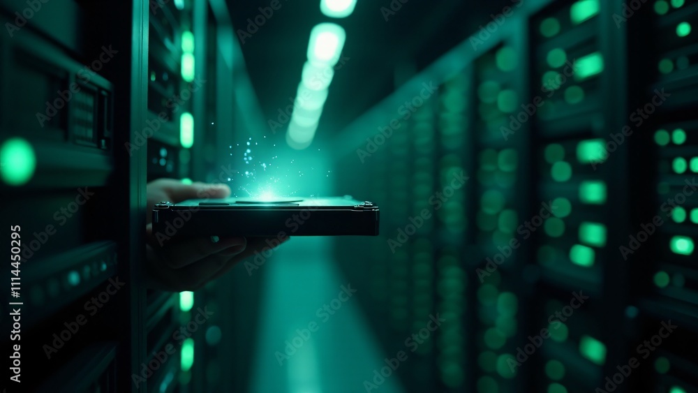 Poster a hand silhouette pulls a hard drive from a glowing server rack in a futuristic data center with hol
