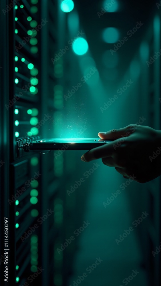 Poster a hand silhouette pulls a hard drive from a glowing server rack in a futuristic data center with hol