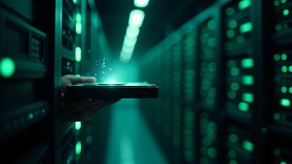 A hand silhouette pulls a hard drive from a glowing server rack in a futuristic data center with holographic data streaming.