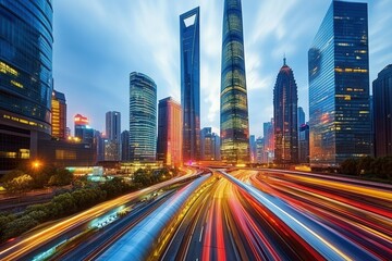 Obraz premium Busy night in modern shanghai with illuminated skyscrapers and light trails.