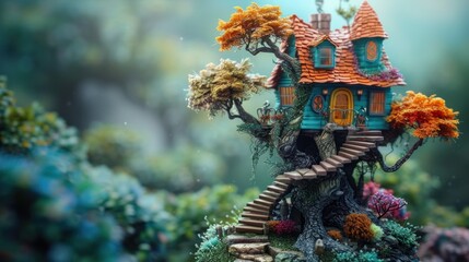 Fototapeta premium A whimsical treehouse nestled among vibrant foliage, showcasing fantasy architecture.