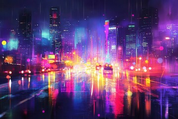 Obraz premium Vibrant rainy night cityscape with neon lights and reflections.