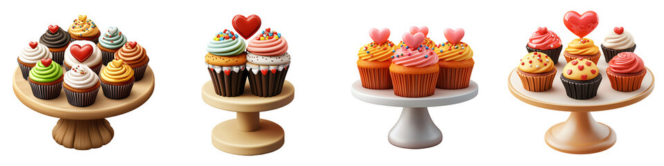 A cupcake stand holding heart decorated cupcakes with realistic frosting and sprinkles 3D illustration isolated on white and transparent background